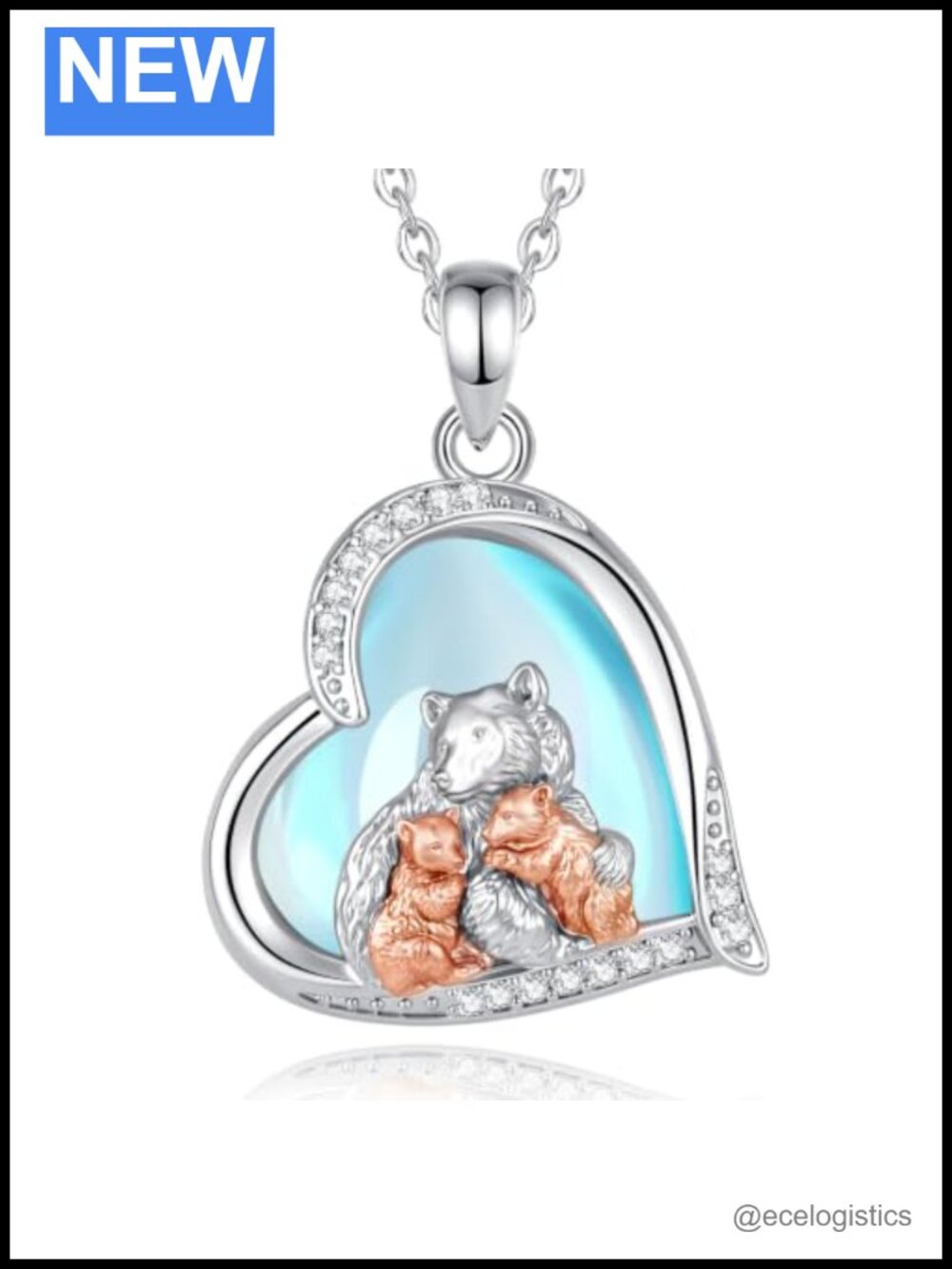 Mama Bear and 2 Cubs Heart Pendant Necklace Rhodium-Plated Copper